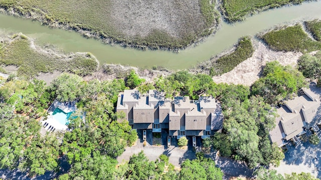 birds eye view of property featuring a water view