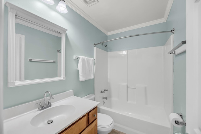 1239 Old Orchard Rd, Charleston, SC 29412 - bathroom featuring tub / shower combination, vanity, ornamental molding, visible vents, and toilet