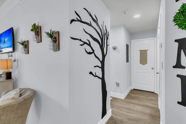 corridor with light hardwood / wood-style flooring