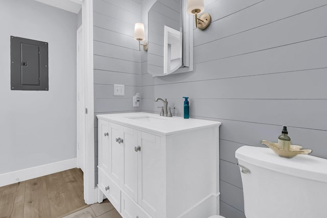 bathroom featuring vanity, toilet, and electric panel