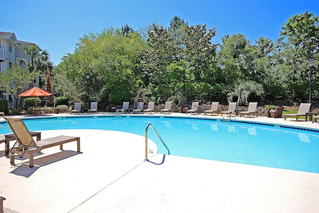 view of swimming pool featuring a patio area