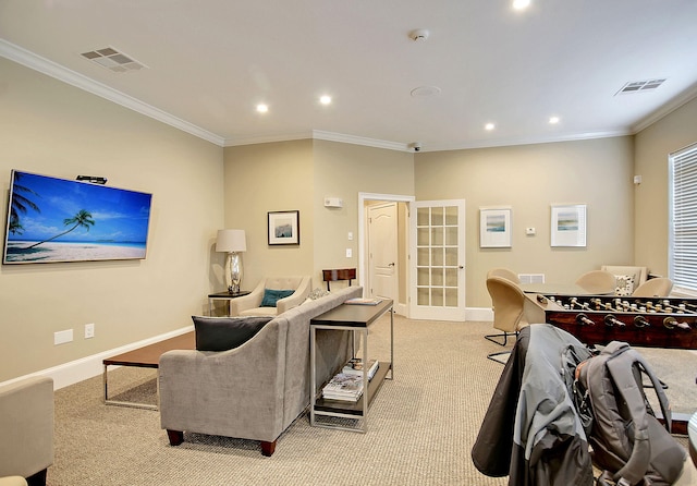 carpeted living room featuring ornamental molding