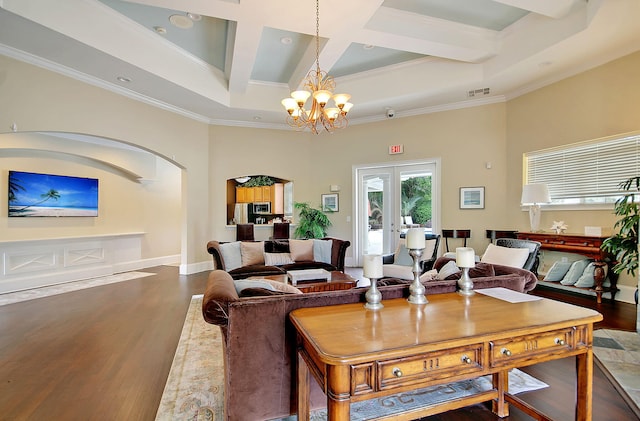 living room featuring a towering ceiling, coffered ceiling, french doors, beam ceiling, and dark hardwood / wood-style floors