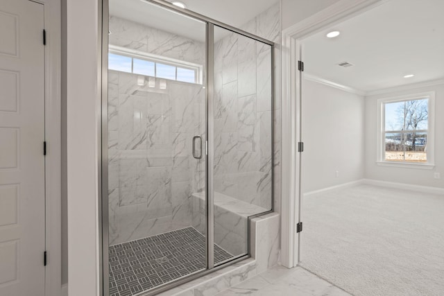 full bath featuring marble finish floor, crown molding, recessed lighting, visible vents, and baseboards