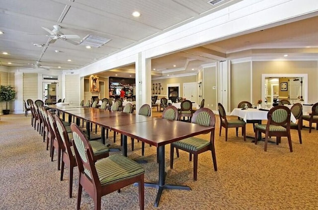 8662 W Fairway Woods Dr, North Charleston, SC 29420 - dining space with light colored carpet, ceiling fan, and recessed lighting