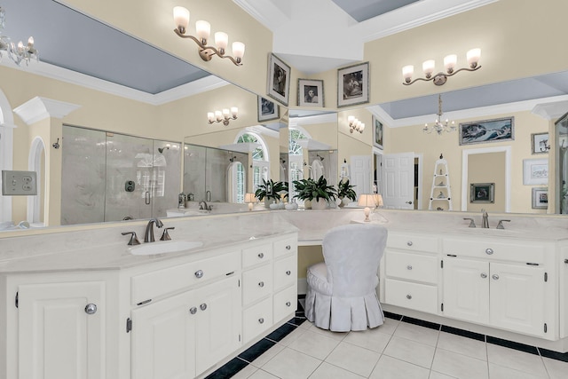 8662 W Fairway Woods Dr, North Charleston, SC 29420 - bathroom with crown molding, a chandelier, tile patterned flooring, a shower stall, and vanity