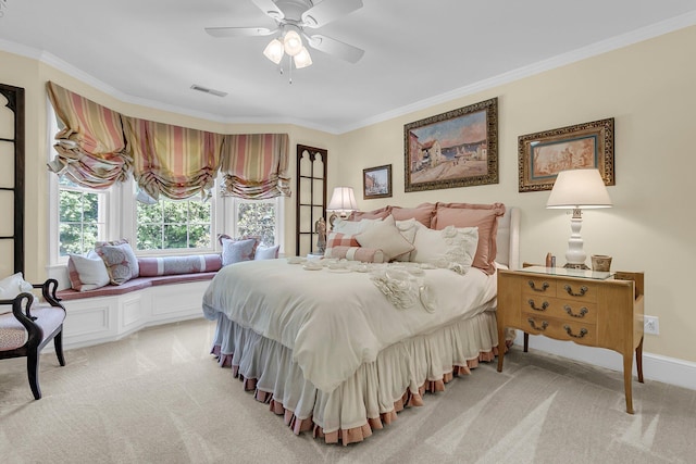 8662 W Fairway Woods Dr, North Charleston, SC 29420 - bedroom with light carpet, ornamental molding, and a ceiling fan