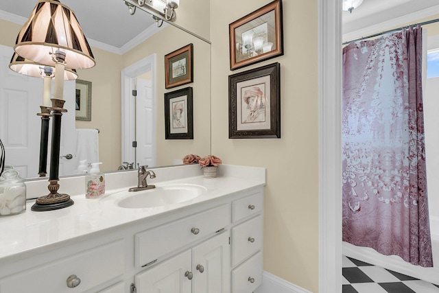 8662 W Fairway Woods Dr, North Charleston, SC 29420 - full bath with tile patterned floors, vanity, a shower with shower curtain, and crown molding