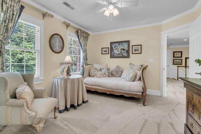 8662 W Fairway Woods Dr, North Charleston, SC 29420 - bedroom featuring light colored carpet, crown molding, multiple windows, baseboards, and ceiling fan