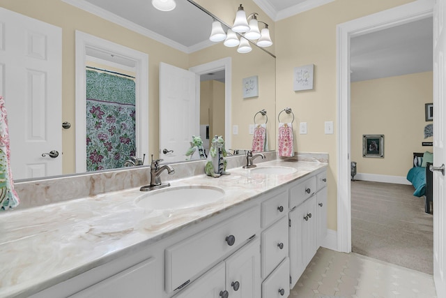 8662 W Fairway Woods Dr, North Charleston, SC 29420 - bathroom featuring double vanity, ornamental molding, baseboards, tile patterned flooring, and a chandelier