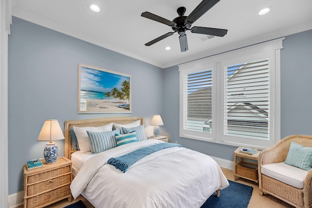 carpeted bedroom featuring visible vents, recessed lighting, baseboards, and ceiling fan