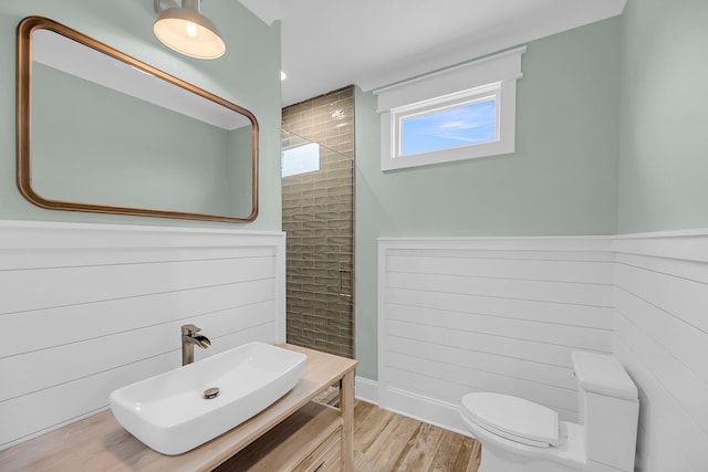 bathroom featuring a sink, toilet, wood finished floors, and wainscoting