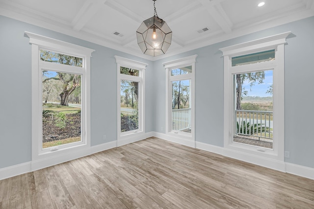 interior space with visible vents, coffered ceiling, light wood-type flooring, and baseboards