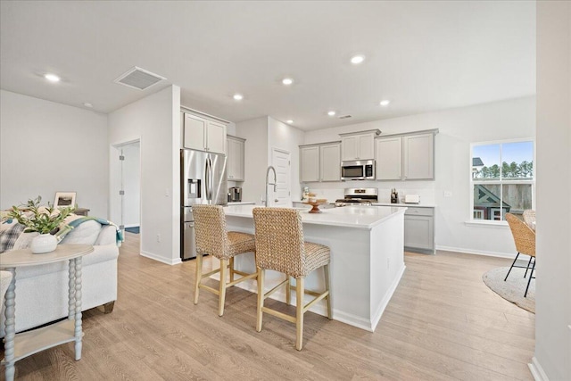 kitchen with visible vents, gray cabinets, a breakfast bar area, and stainless steel appliances