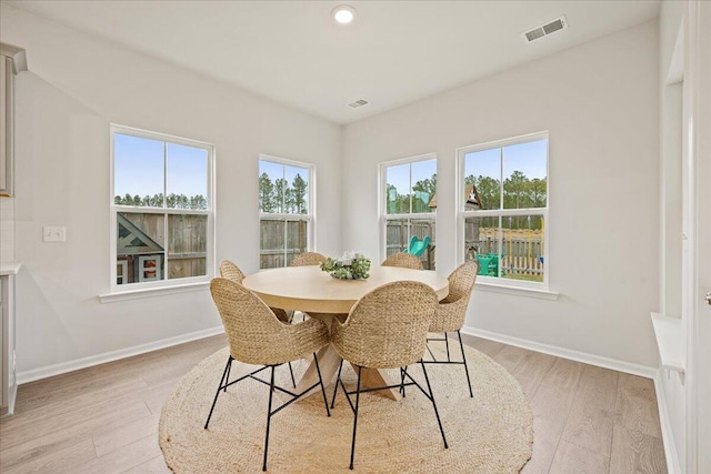 dining space with light wood-style floors, visible vents, and baseboards