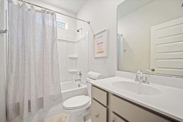 bathroom with toilet, shower / tub combo, and vanity