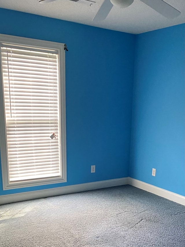 unfurnished room featuring ceiling fan, carpet floors, and a textured ceiling