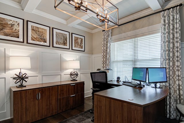 office featuring dark hardwood / wood-style floors, an inviting chandelier, crown molding, and coffered ceiling