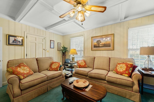 carpeted living room with beam ceiling, a wealth of natural light, and ceiling fan