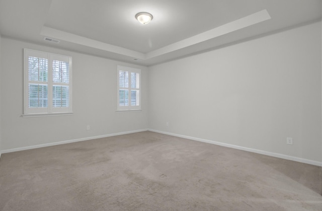 carpeted spare room featuring a tray ceiling