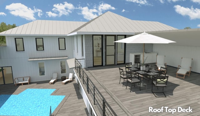 35 W 9th St, Folly Beach, SC 29439 - rear view of property featuring a deck, an outdoor pool, a standing seam roof, and metal roof