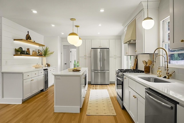 2456 Lantern St, Charleston, SC 29414 - kitchen featuring stainless steel appliances, wine cooler, light wood-style floors, premium range hood, and a kitchen island