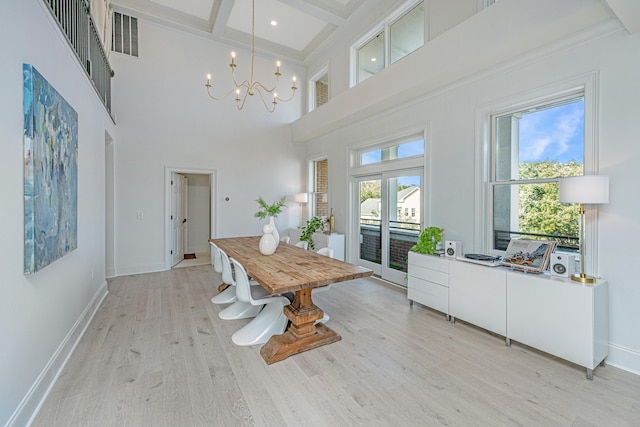 dining area featuring a chandelier, coffered ceiling, baseboards, beam ceiling, and light wood finished floors