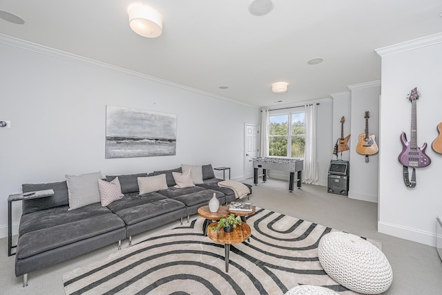 living area with light carpet, crown molding, and baseboards