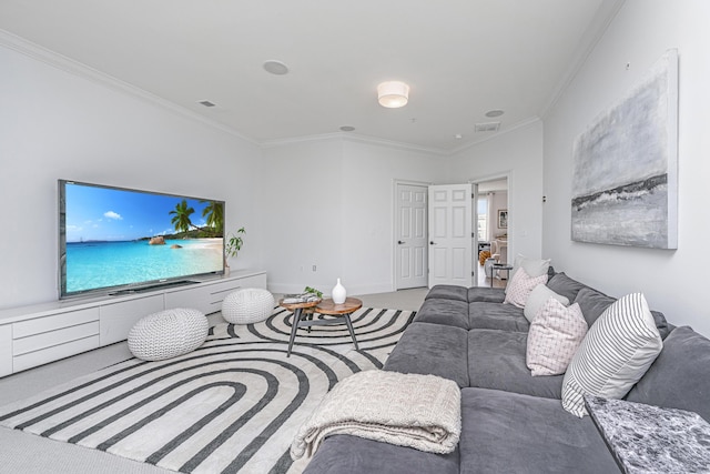 carpeted living area featuring baseboards, visible vents, and crown molding