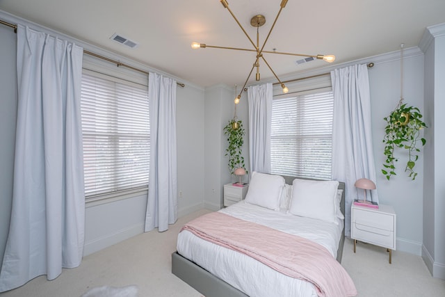 bedroom with light carpet, baseboards, visible vents, and ornamental molding