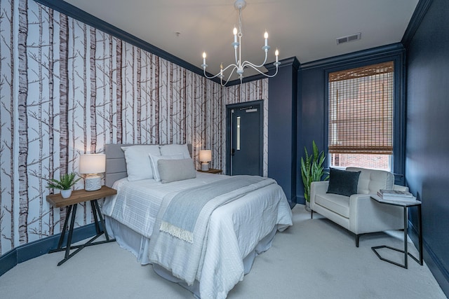 bedroom with wallpapered walls, visible vents, light colored carpet, crown molding, and a notable chandelier