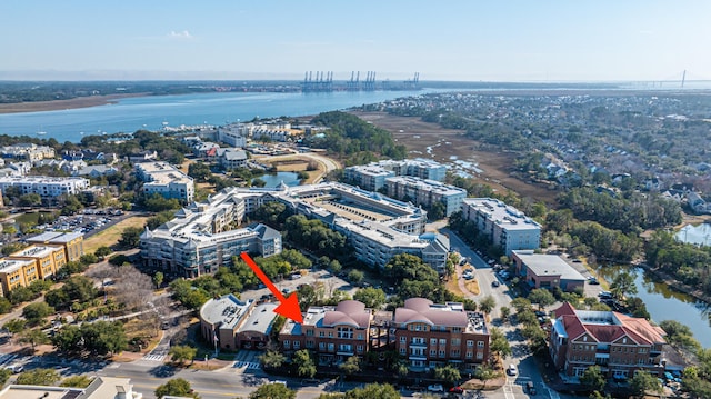 drone / aerial view featuring a water view