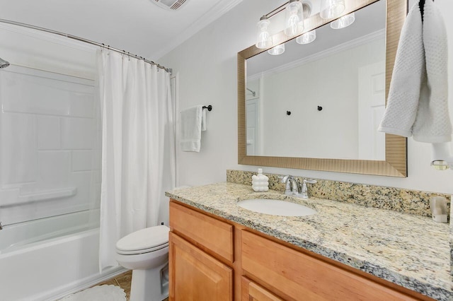 full bathroom featuring tile patterned floors, toilet, vanity, shower / tub combo with curtain, and crown molding