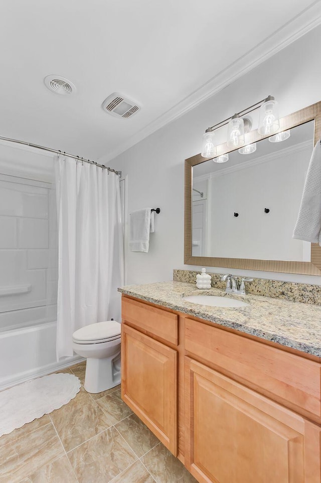 bathroom with crown molding, visible vents, toilet, and vanity