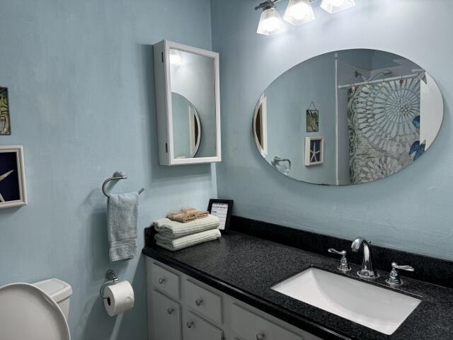 full bathroom featuring vanity and toilet