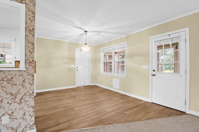 entryway with ornamental molding, a textured ceiling, and wood-type flooring