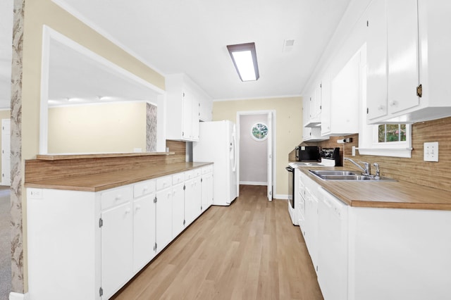 kitchen featuring backsplash, sink, white appliances, and white cabinetry