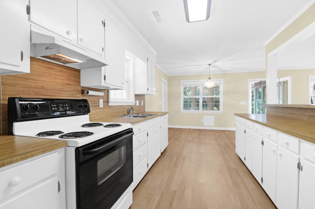 kitchen with light wood-type flooring, sink, white cabinetry, and white electric range oven