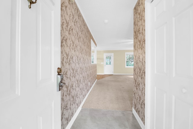 hallway featuring light colored carpet