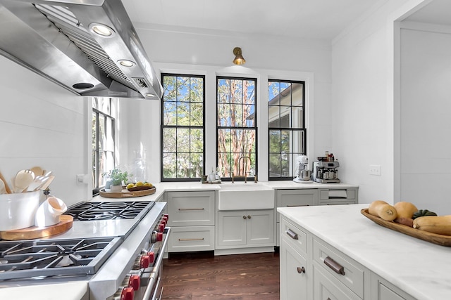 kitchen with high end stove, white cabinetry, dark hardwood / wood-style floors, wall chimney exhaust hood, and sink