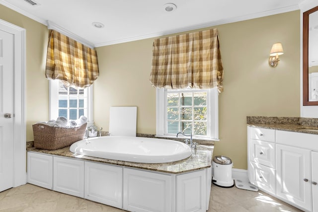 bathroom with vanity, crown molding, a tub, and tile patterned flooring