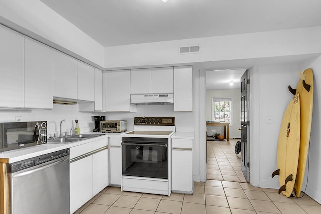 kitchen with white electric range oven, stainless steel dishwasher, sink, and white cabinets