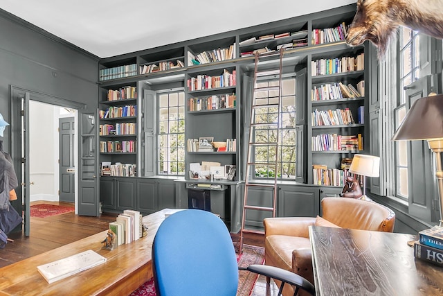 sitting room featuring crown molding, built in features, and dark hardwood / wood-style flooring