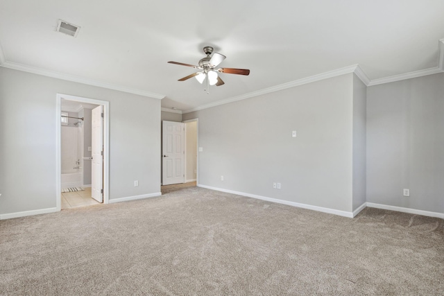 489 Dolphin Dr, Summerville, SC 29485 - unfurnished bedroom featuring crown molding, light colored carpet, baseboards, connected bathroom, and a ceiling fan