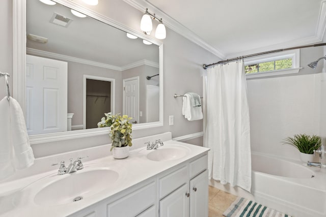 489 Dolphin Dr, Summerville, SC 29485 - full bath with shower / bath combination with curtain, double vanity, tile patterned flooring, and crown molding