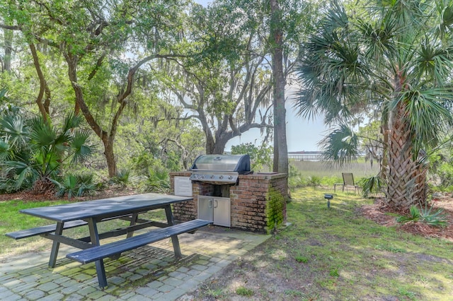 view of community featuring a patio and an outdoor kitchen