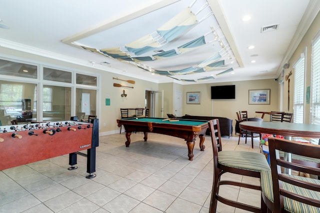 game room featuring light tile patterned floors, ornamental molding, and billiards