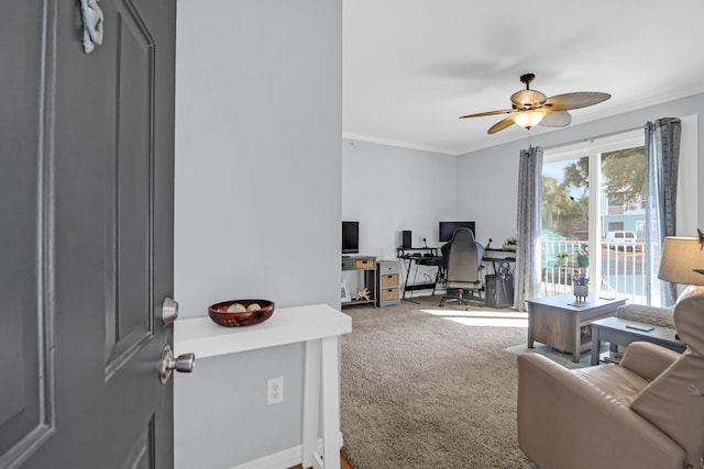 carpeted office featuring ceiling fan and crown molding