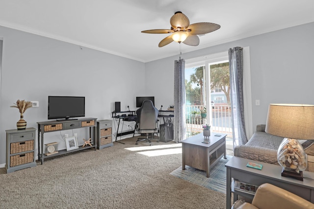 office space featuring ceiling fan, carpet floors, and crown molding