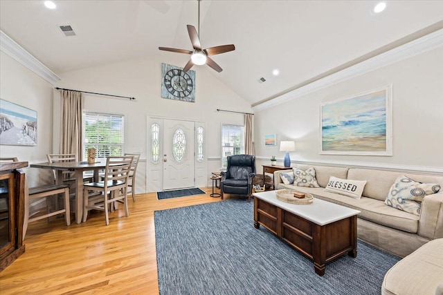 1604 Jungle Rd, Edisto Island, SC 29438 - living area with light wood-type flooring, recessed lighting, ceiling fan, healthy amount of natural light, and crown molding